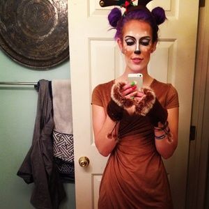 Brown velvet cinch-waist sleeved reindeer dress